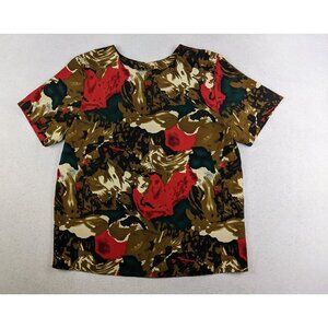 Ship'n Shore Women's Top Brown Red Green Print Short Sleeve Blouse Size 10P